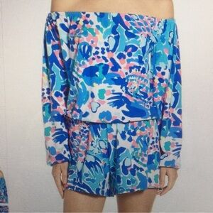 Lilly Pulitzer Lana Off the Should Navy Palms Up Short Romper Large